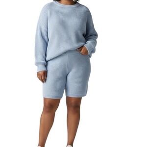 NWT Boohoo Baby Blue Knit Sweater Shorts Set Oversized Long Sleeve Women 24/26